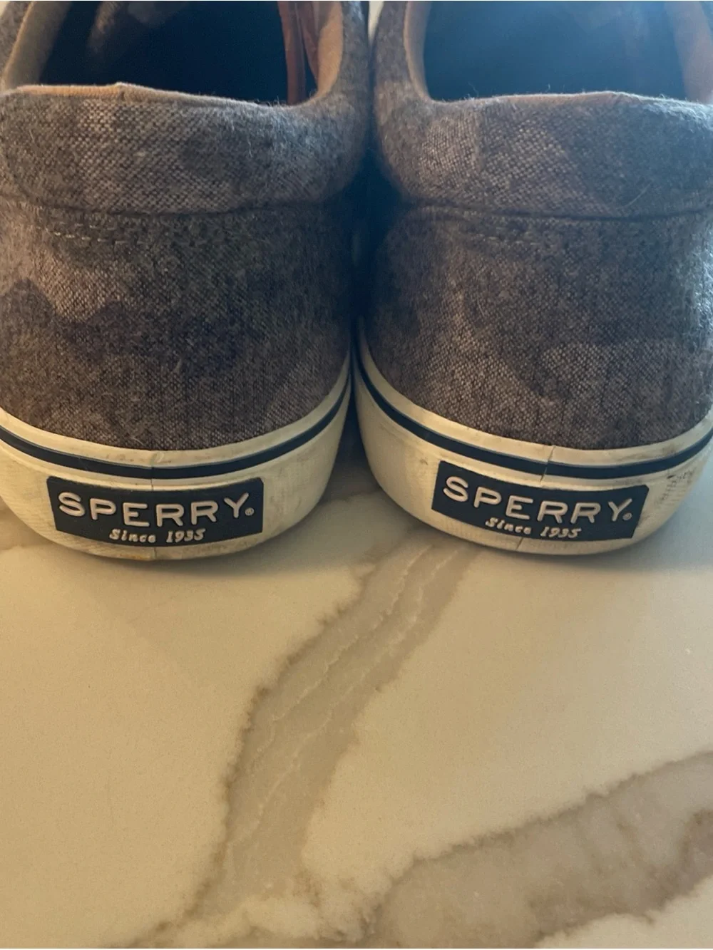 Sperry Men's Gray Canvas Boat Shoes with Brown Laces camo
